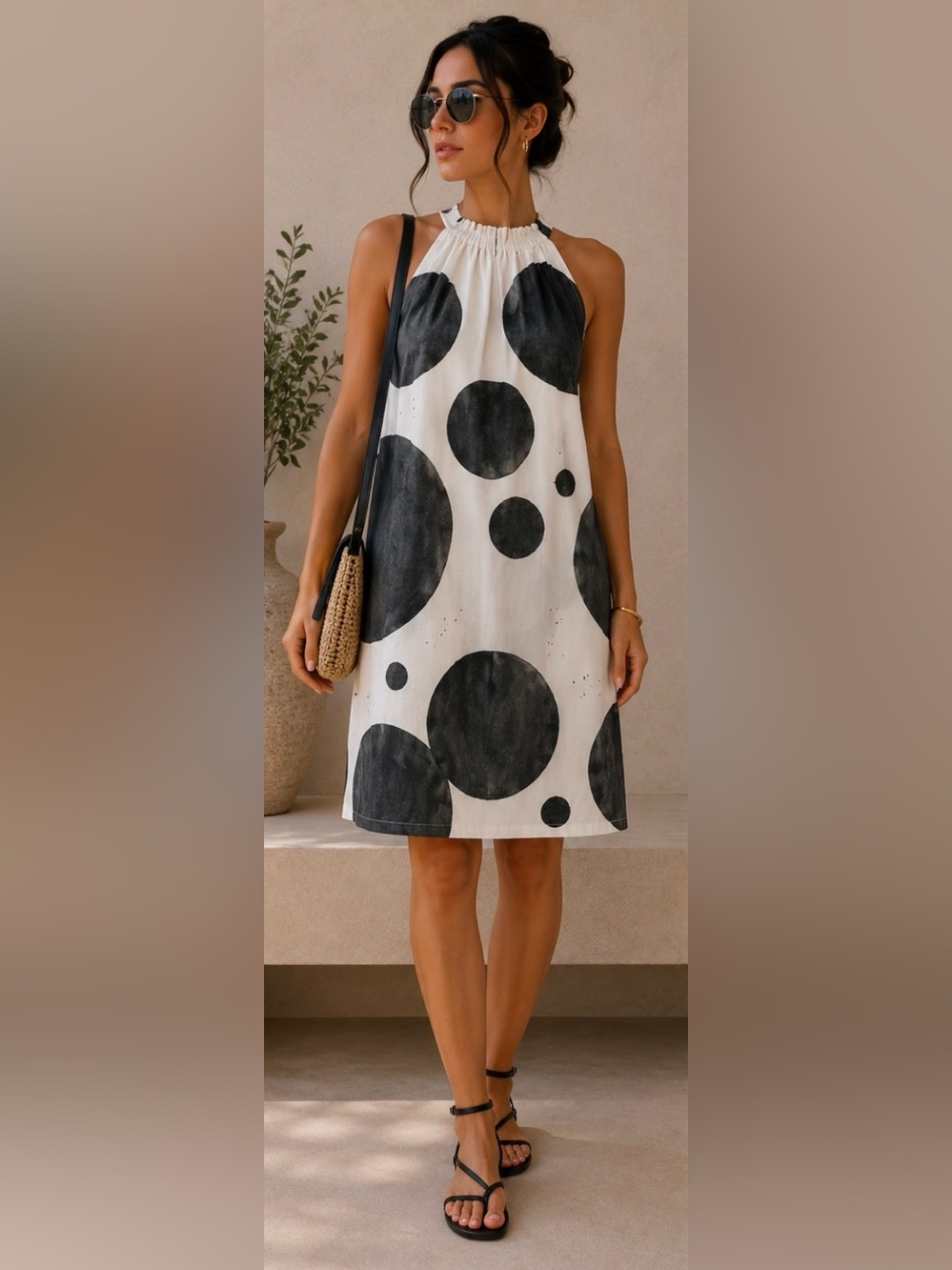 MNG Suit Black & White Oversized Polka Dot Sleeveless A-Line Shift Dress